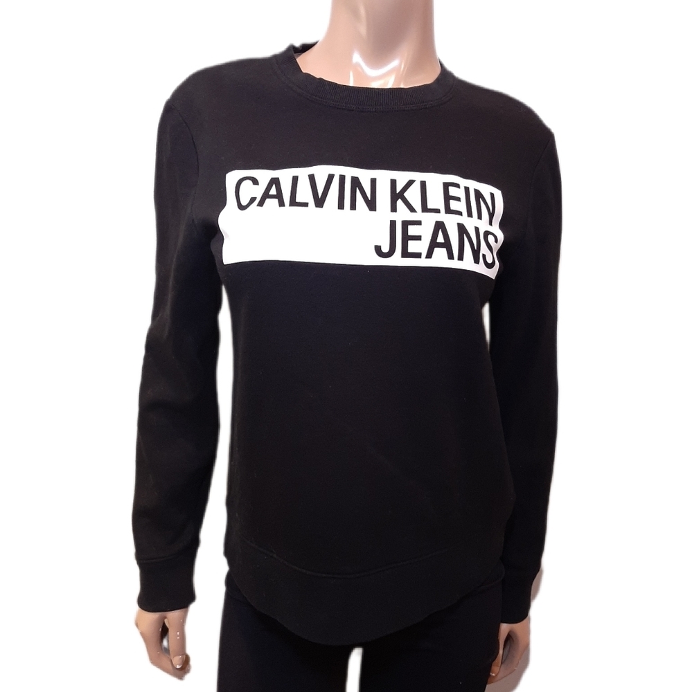 Calvin Klein Logo Sweatshirt Color Block Womens Medium Black Fleece Pullover
